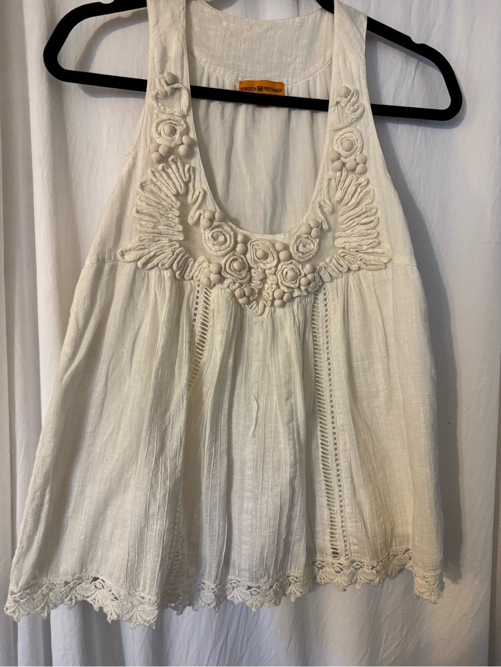 Roberta Freymann Embroidered Cream Tank Top with Lace Trim Size XS